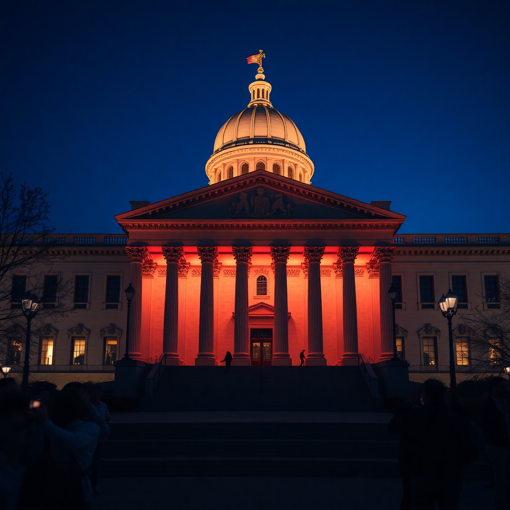 Professional political rally or government building exterior subtle lighting, high quality, realistic