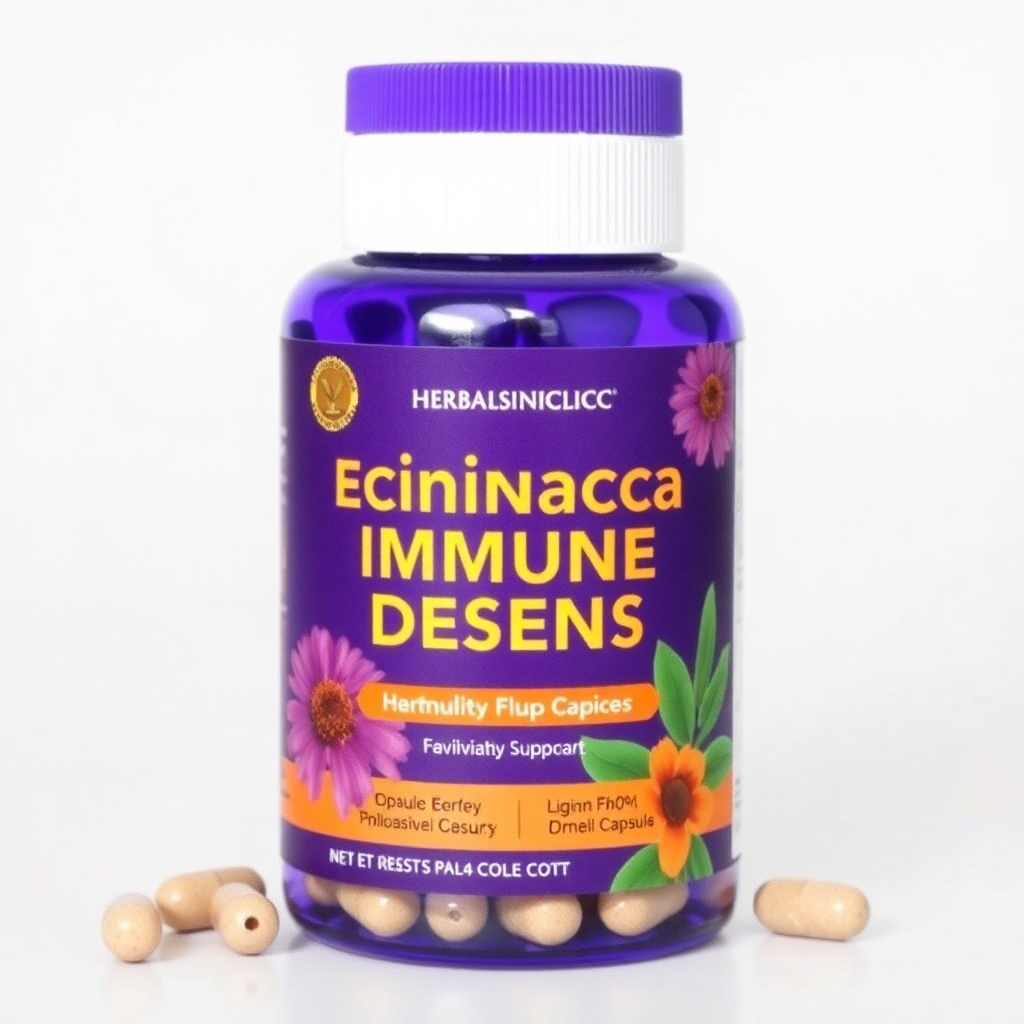 echinacea immune defense capsules, violet bottle, cold flu support, herbal immunity, clean product photo