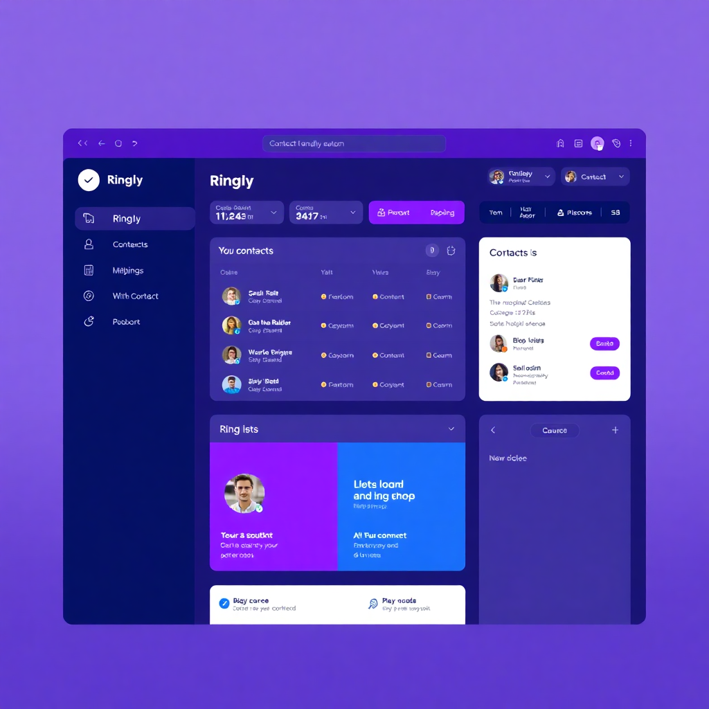 RingLy dashboard screenshot showing main interface with dark purple theme, contact list, and control toggles