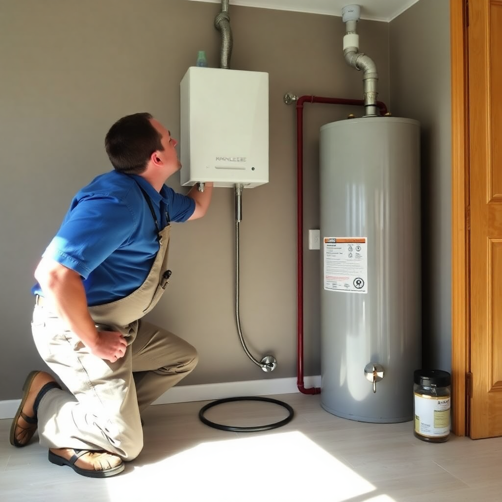 plumber installing a new water heater in a home, realistic photo