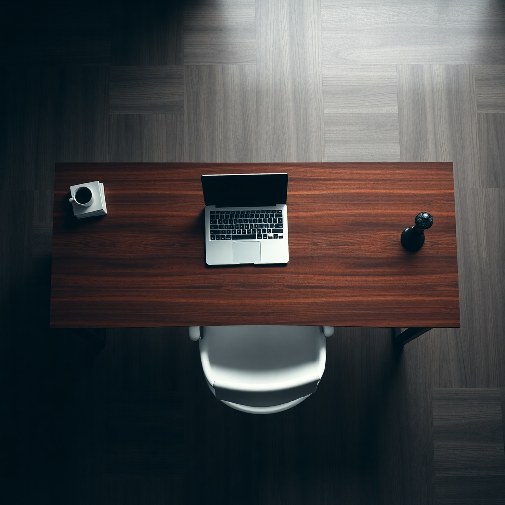 overhead shot of a modern clean wooden desk with a silver laptop and white modern chair, professional corporate aesthetic, moody lighting, dark wood