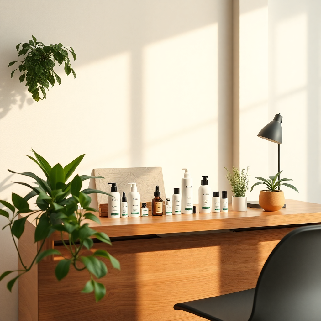 natural skincare customer service concept, soft lighting, wooden desk with plants and skincare products, professional office environment