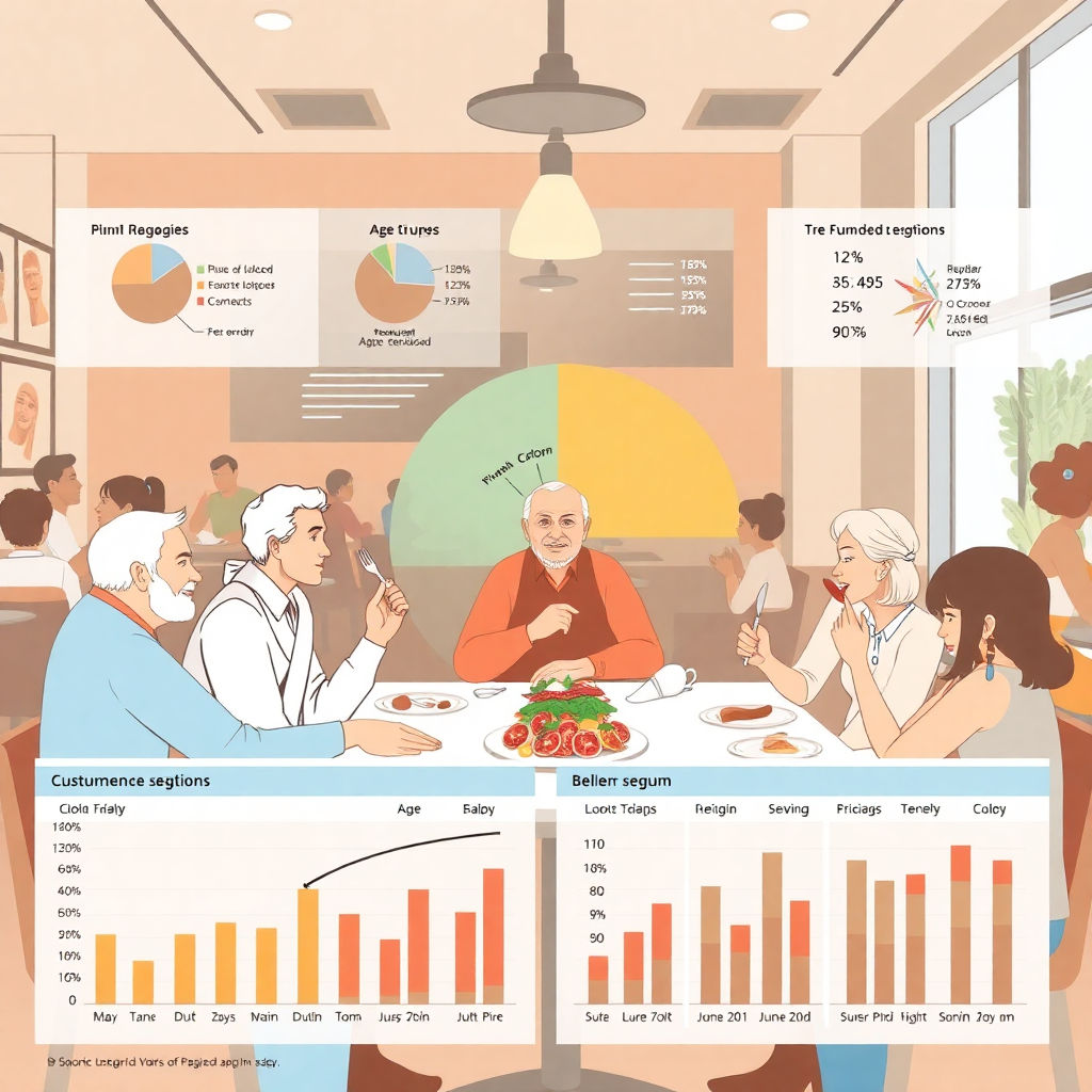 restaurant customer segments visualization, diverse age groups dining, data analytics dashboard showing customer preferences, modern restaurant setting, demographic insights illustration