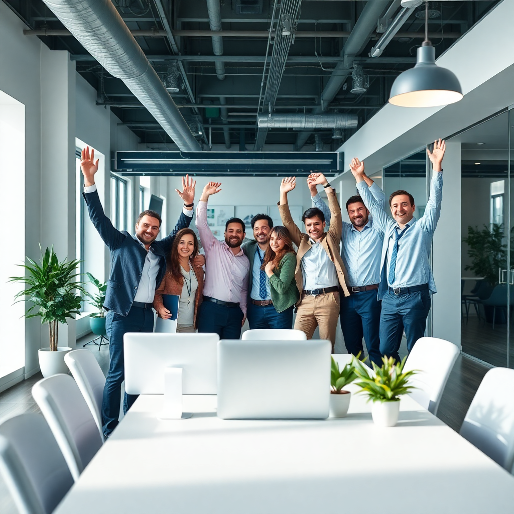 business team celebrating success in modern office, professional photography