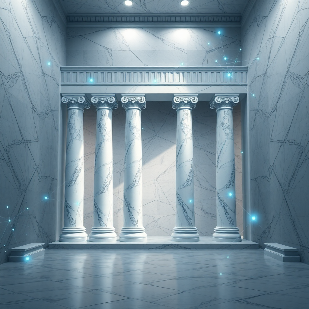 ancient greek marble columns and scrolls with digital network overlay, classical meets modern, soft lighting