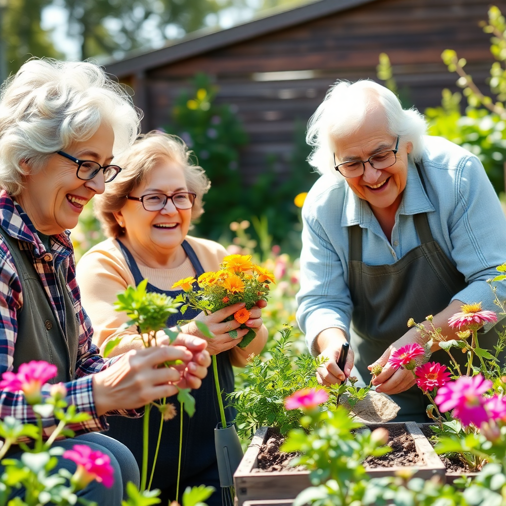 heartwarming photo of diverse smiling seniors engaging in community gardening activity, natural bright lighting, lifestyle magazine style