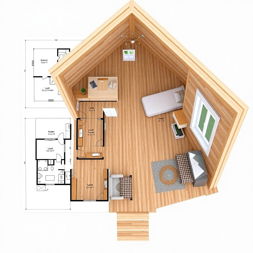 detailed architectural floor plan and 3D rendering of cedar tiny home interior layout
