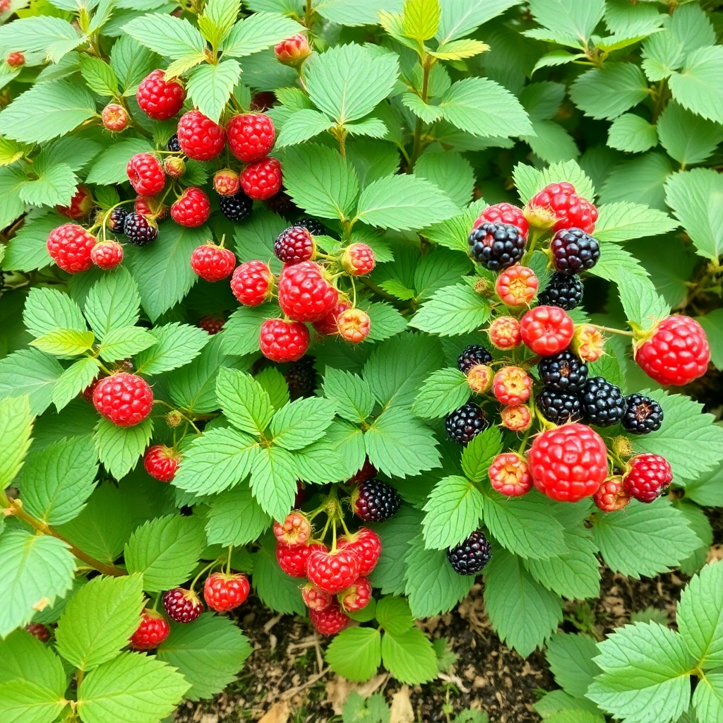 berry bushes in garden, raspberry and blackberry plants, fresh berries