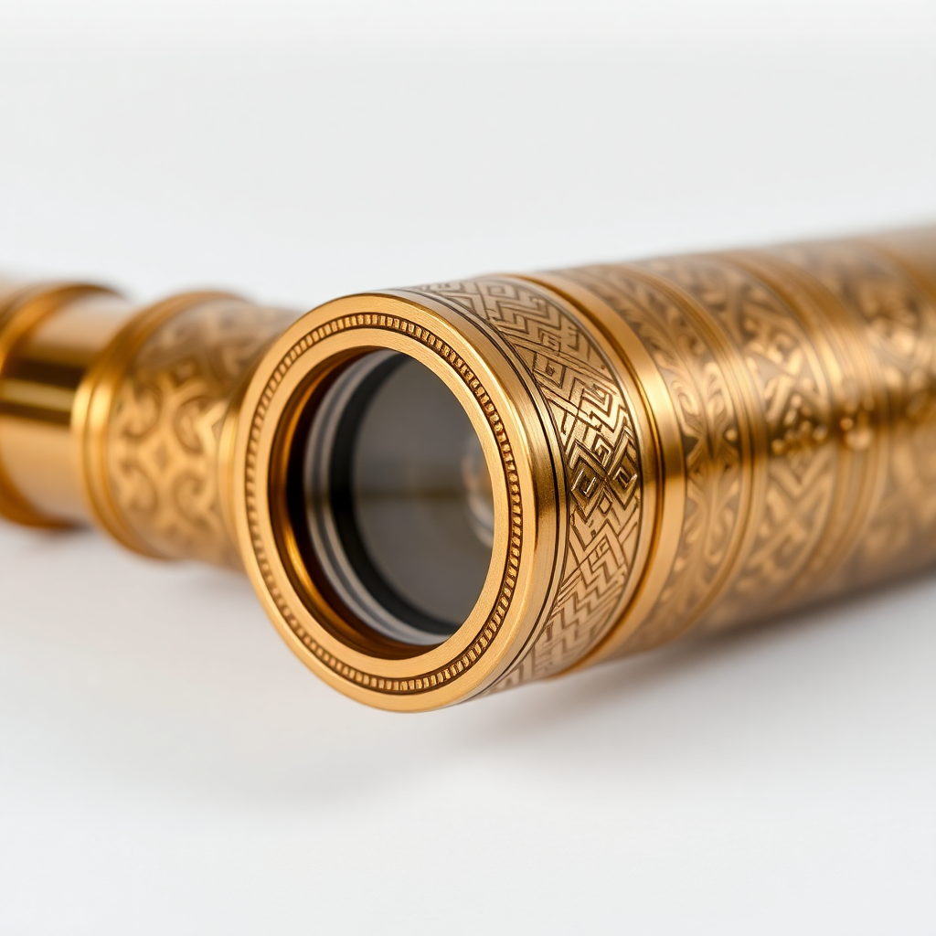 Elegant brass kaleidoscope with intricate engravings on white background, professional product photography, macro details