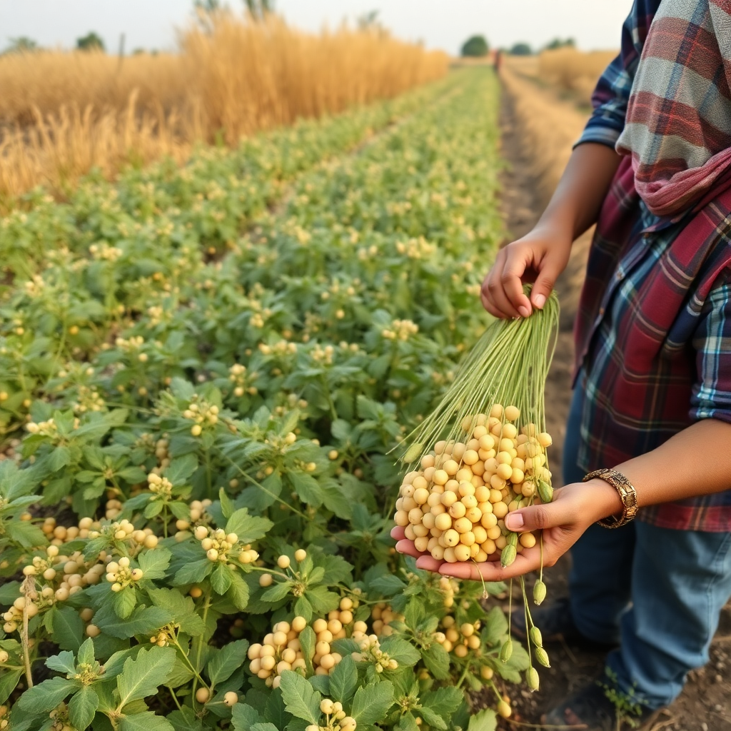 organic farming of chickpeas, farmers harvesting, natural setting, earthy colors, sustainable agriculture