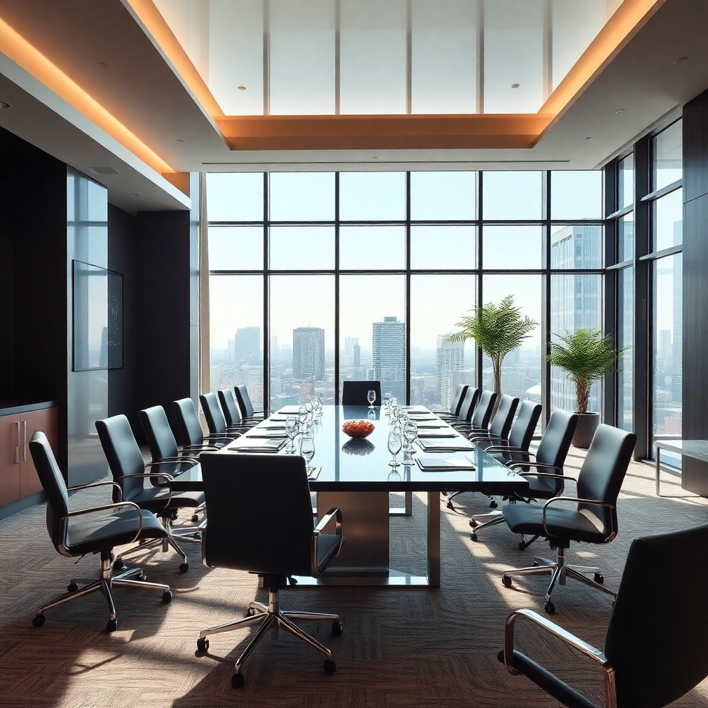 luxury hotel conference room, modern business setup, large windows, professional atmosphere