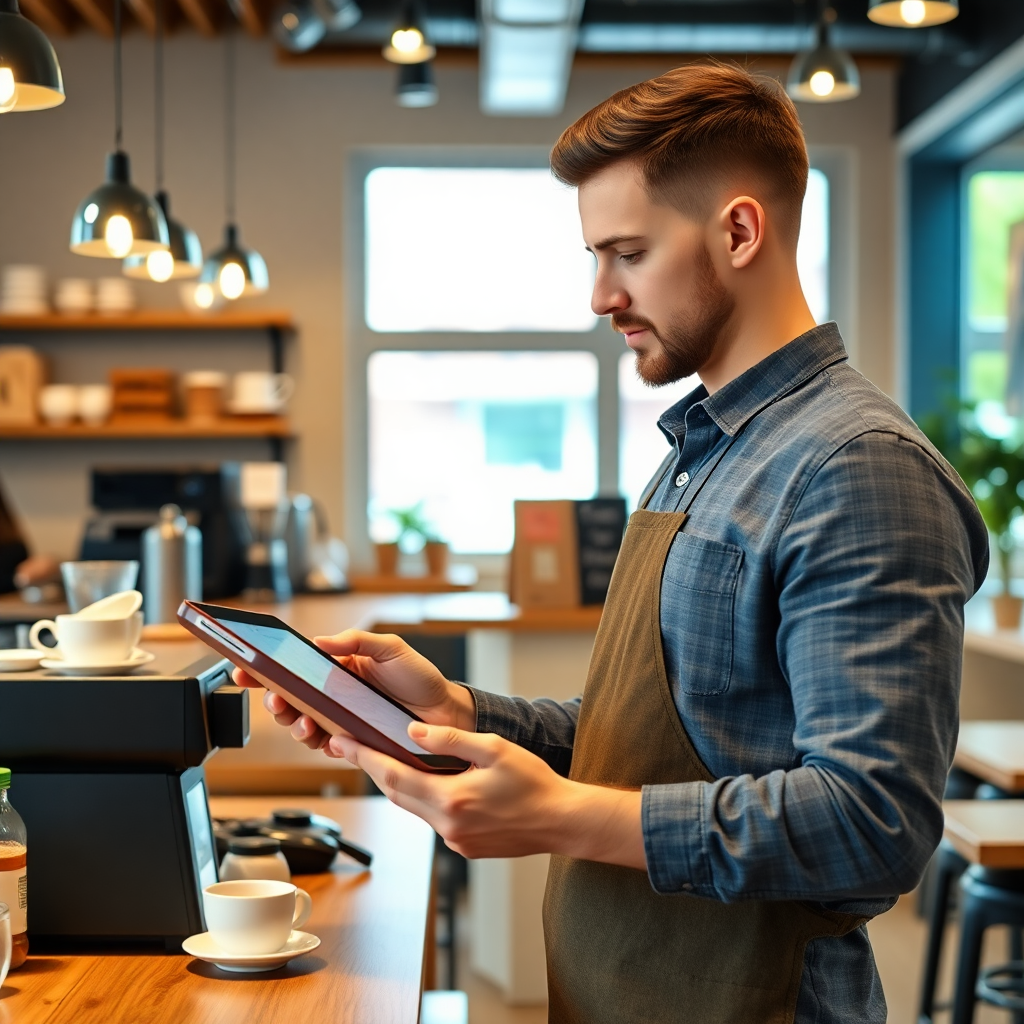 مدیر کافه در حال مدیریت موجودی با تبلت در فضای مدرن کافی‌شاپ