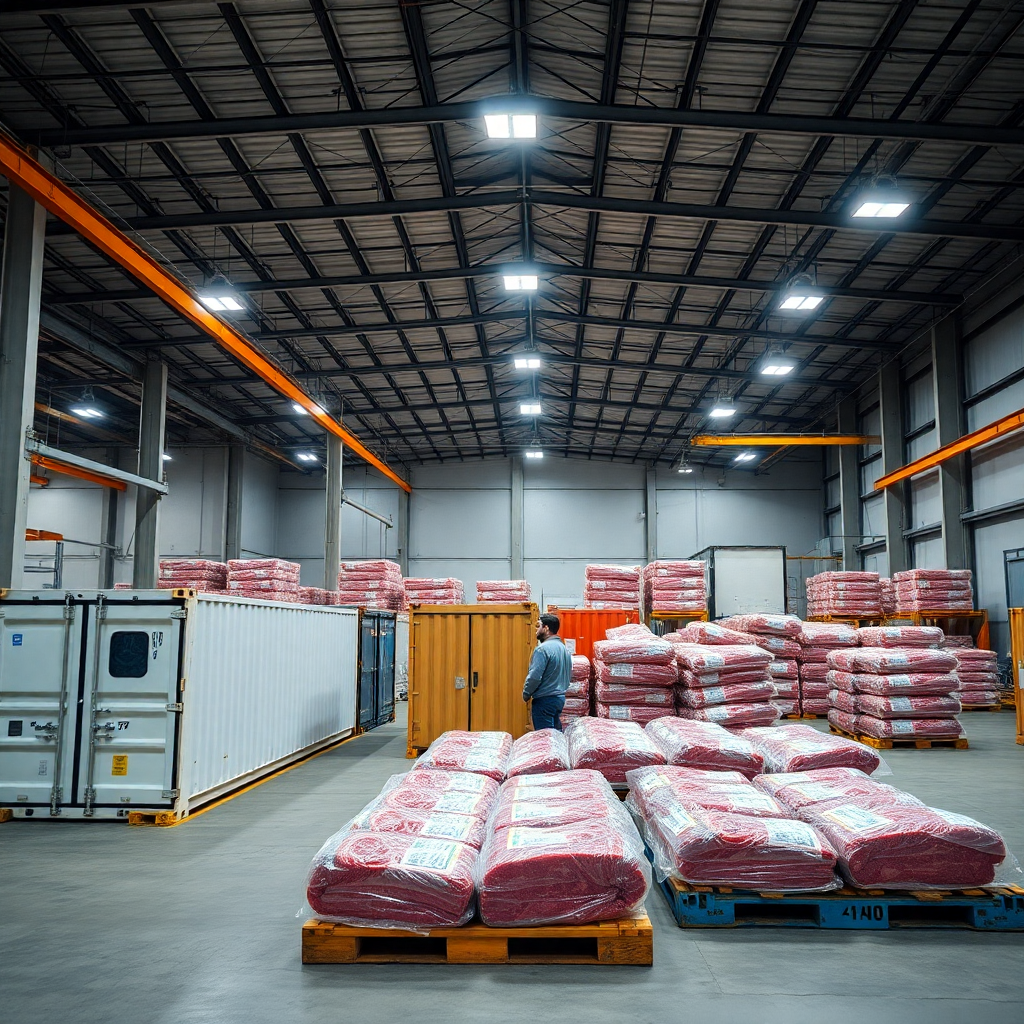 modern cold storage warehouse with export containers and packaged halal meat products