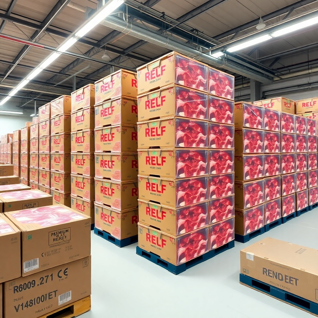 modern cold storage warehouse with stacked boxes of vacuum-packed premium halal beef meat