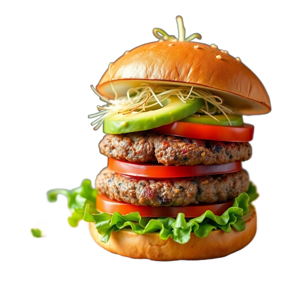 plant based burger with avocado and sprouts