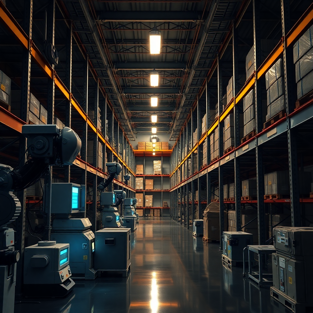 High tech warehouse interior with automated robots, dark mode