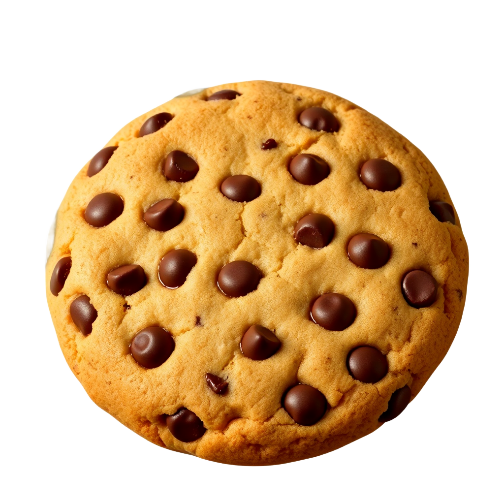 a single giant thick chocolate chip cookie with melting chocolate chunks, transparent background
