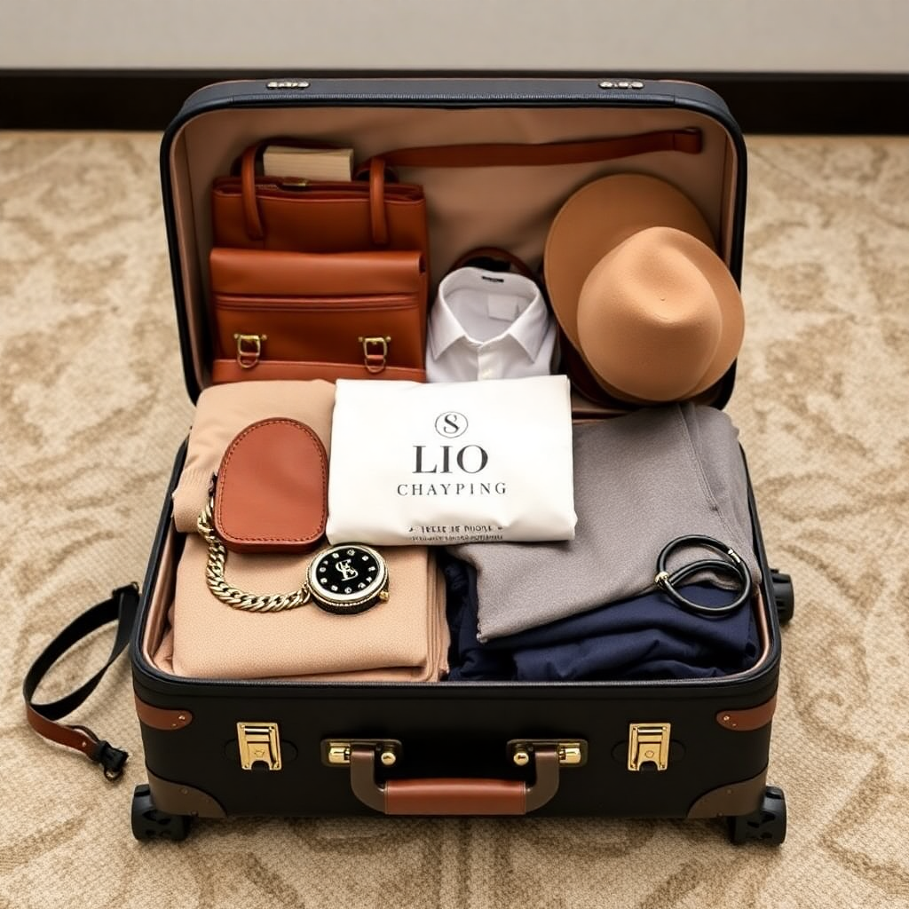 elegant travel suitcase with luxury accessories and clothing, packing organization, travel photography