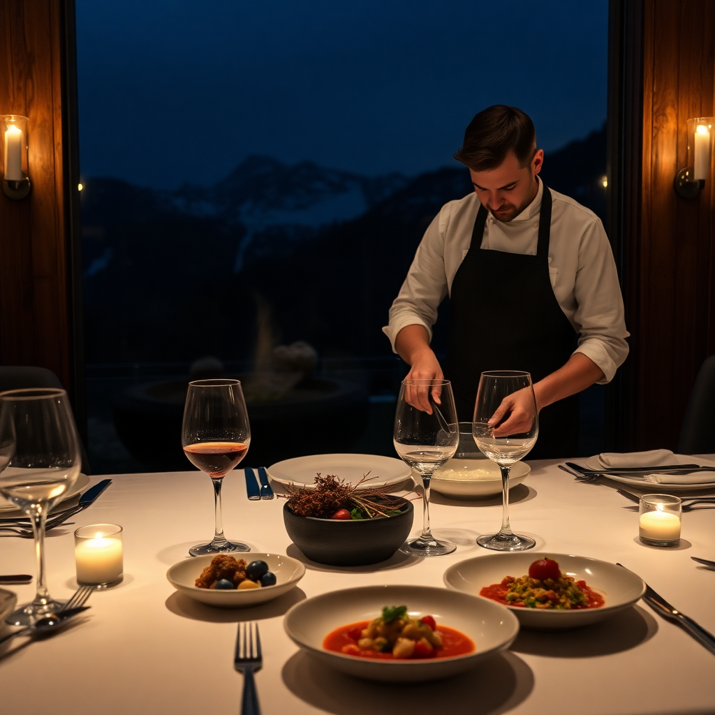 private chef preparing gourmet dinner luxury alpine residence Escaldes-Engordany Andorra intimate dining experience fine cuisine mountain view warm candlelight editorial photography dark moody