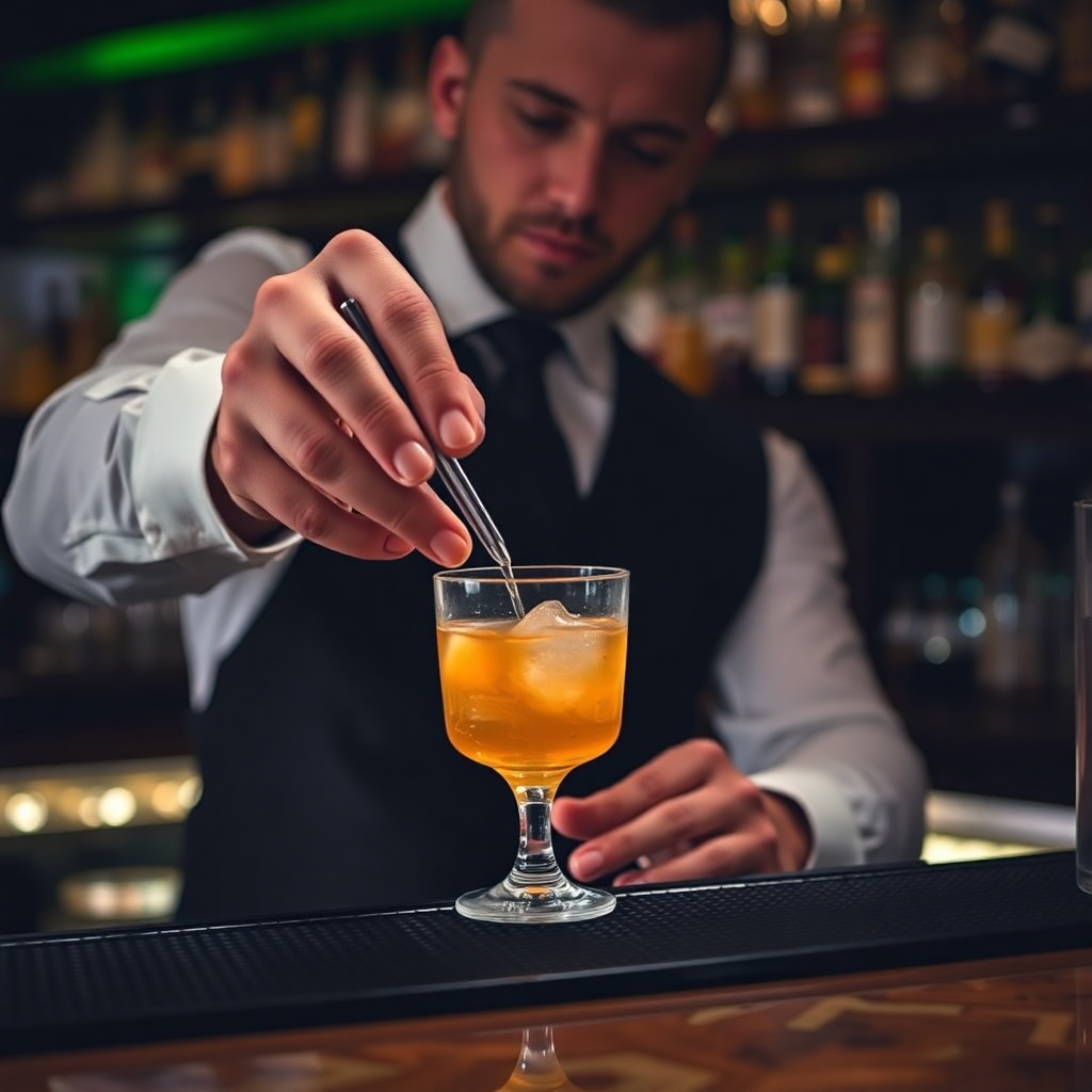 Bartender making a cocktail in a dim bar, close up on hands and glass, professional atmosphere