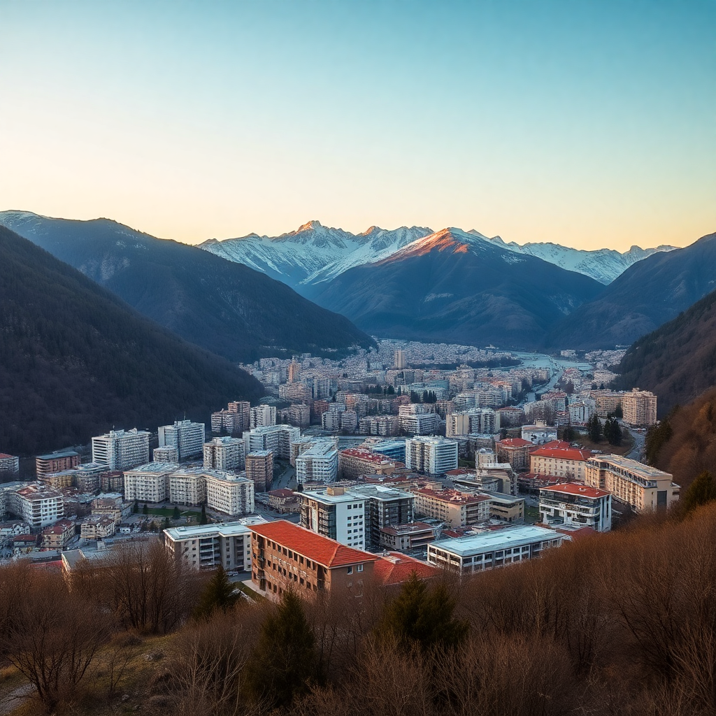 Andorra la Vella city panoramic view from mountain, modern buildings nestled in Pyrenees valley, evening golden light, editorial photography luxury travel