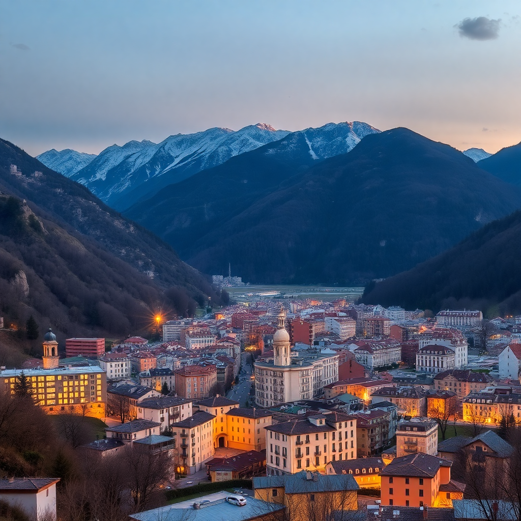 Andorra la Vella city panoramic view from mountain modern buildings nestled in Pyrenees valley evening golden light editorial photography luxury travel