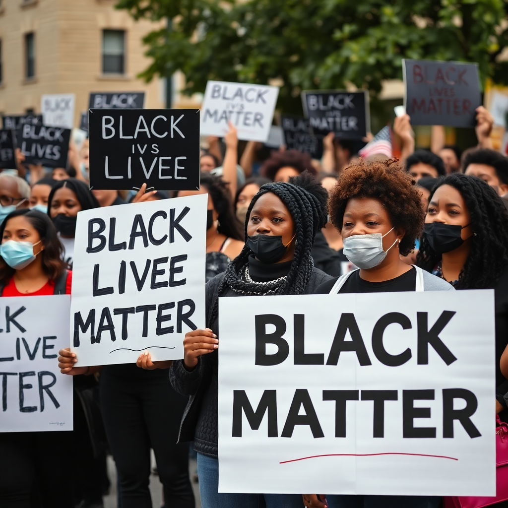 diverse group of people holding Black Lives Matter signs at peaceful protest rally, powerful community organizing scene, photojournalistic style