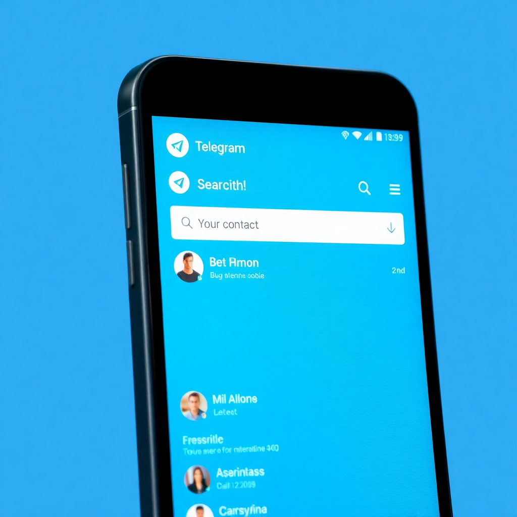 telegram app interface with search bar and bot contact, mobile app screenshot, blue theme