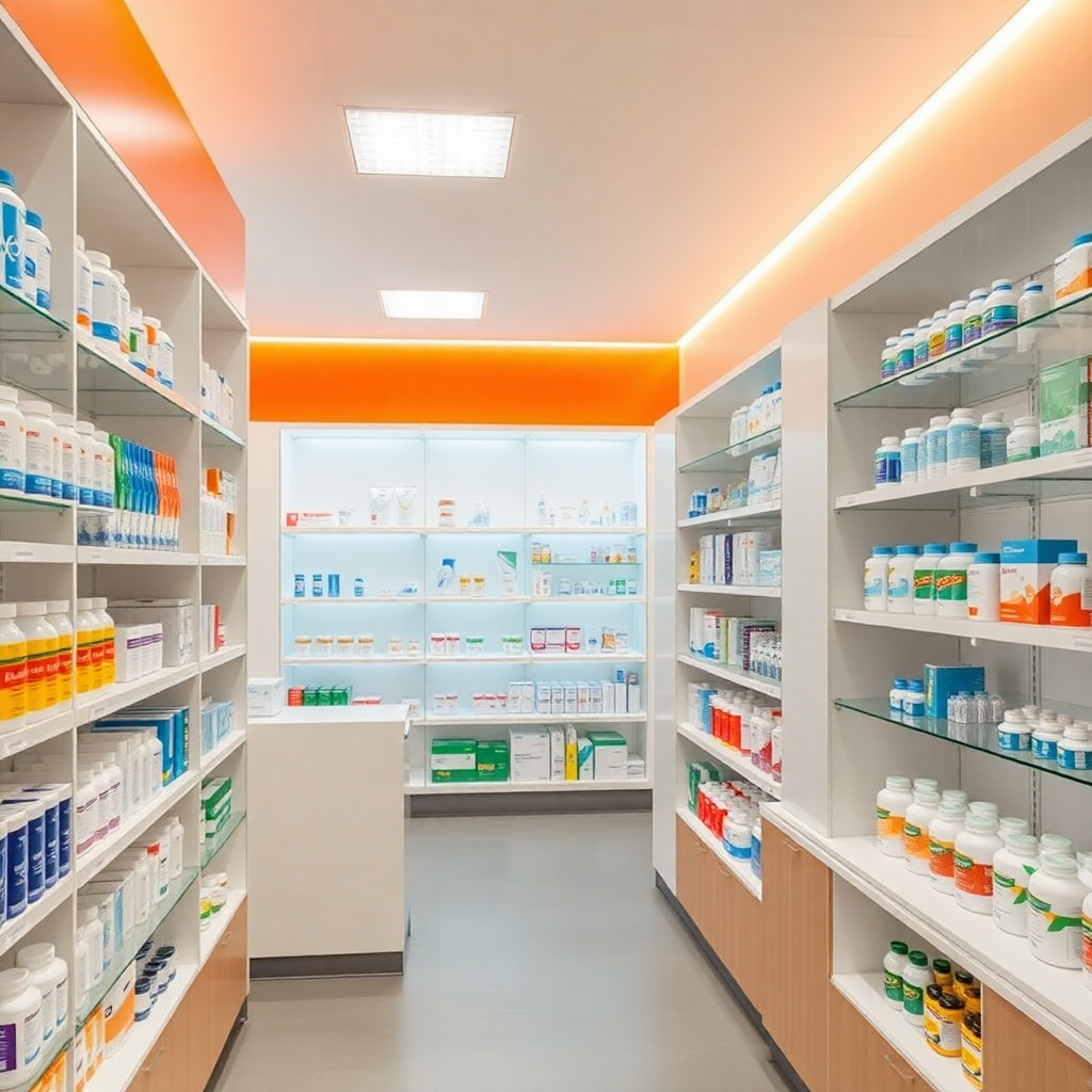 modern pharmacy interior with medications and healthcare products on shelves