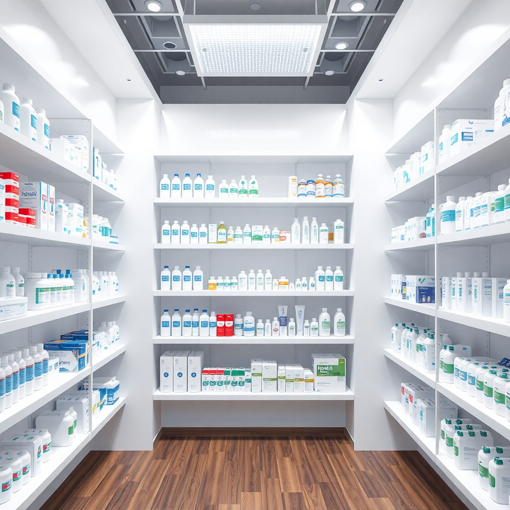 modern pharmacy interior with white shelves and medical products
