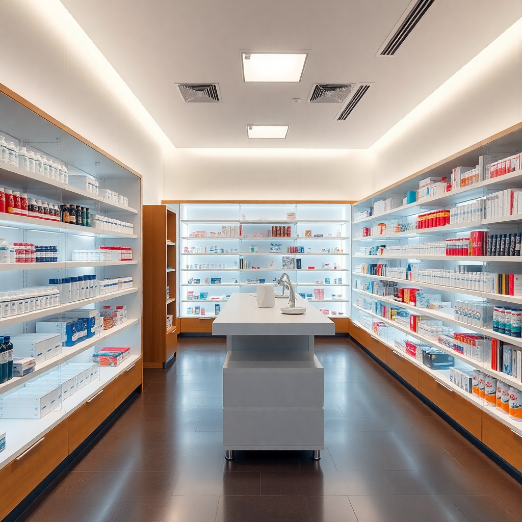 modern pharmacy interior with organized shelves, bright lighting