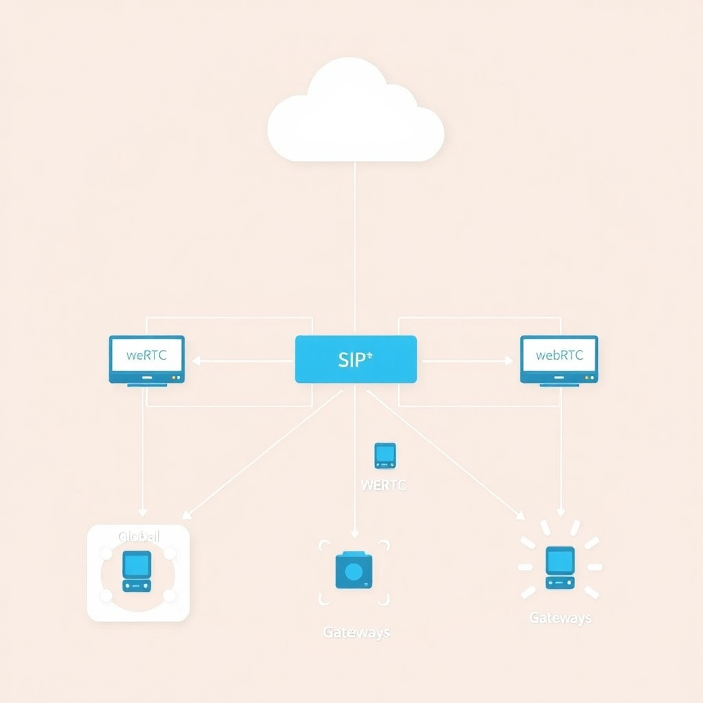 system architecture diagram showing conference bridge infrastructure with SIP servers, WebRTC gateways, global network nodes, modern technical illustration