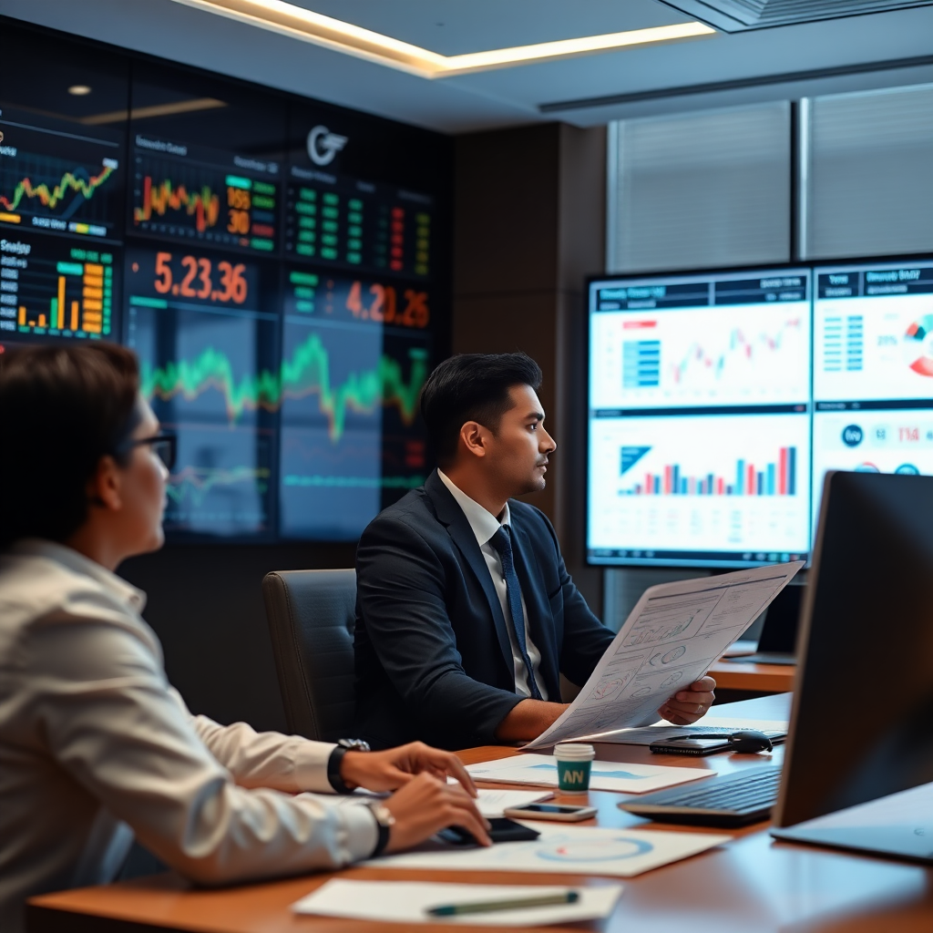 Indian financial services office, investment banking professionals analyzing charts, modern corporate boardroom with financial data displays