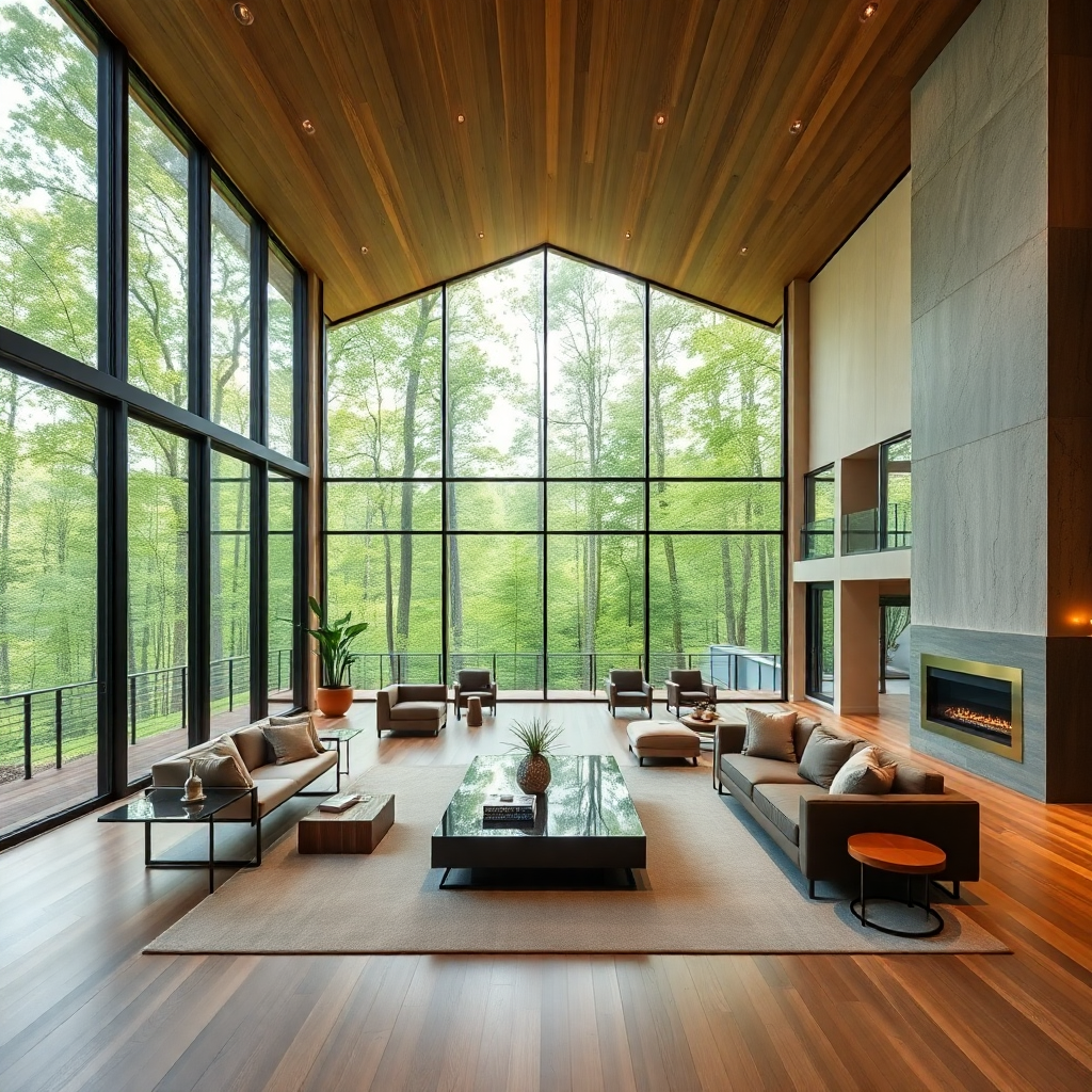 luxurious interior of a modern home, expansive open living room with large floor-to-ceiling windows showing forest outside, elegant furniture, warm lighting, high-end real estate photography