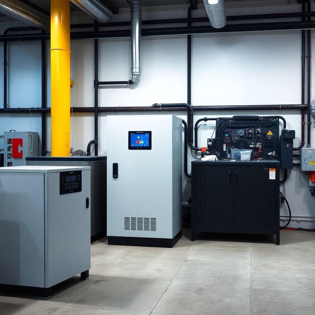 modern power backup systems, batteries and inverters, professional industrial setup