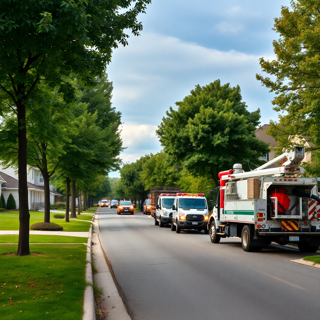landscape view of a suburban street with tree service trucks, high resolution