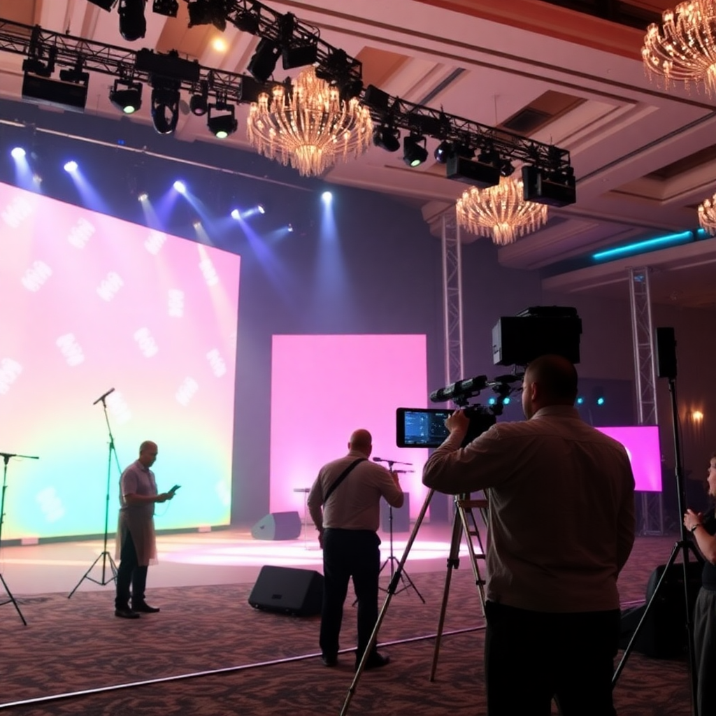 professional event team setting up luxury venue stage production