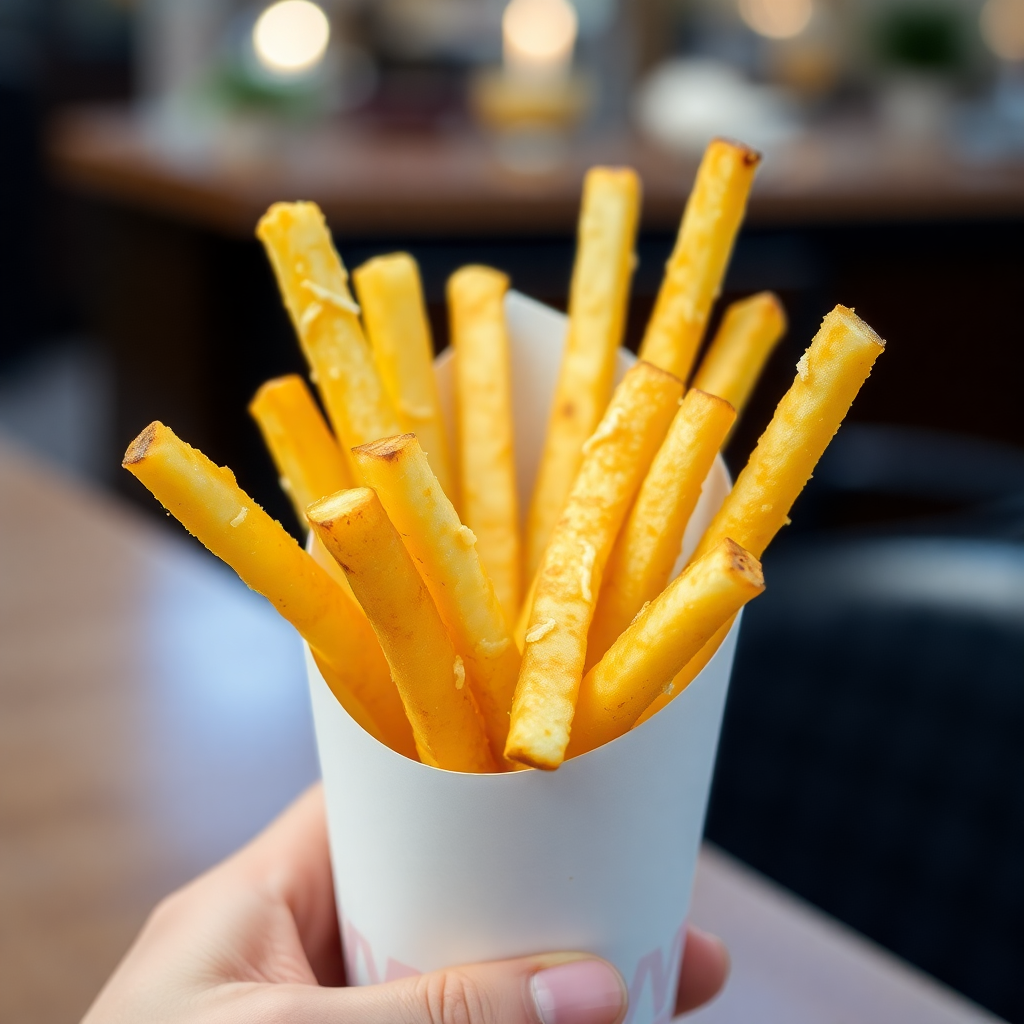 golden crispy french fries in paper cup