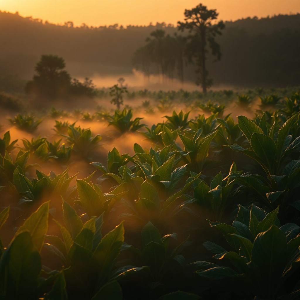 Cinematic, high-end editorial shot of a lush Dominican Republic tobacco field at sunrise, morning mist, warm golden hour light, deep shadows, luxury aesthetic