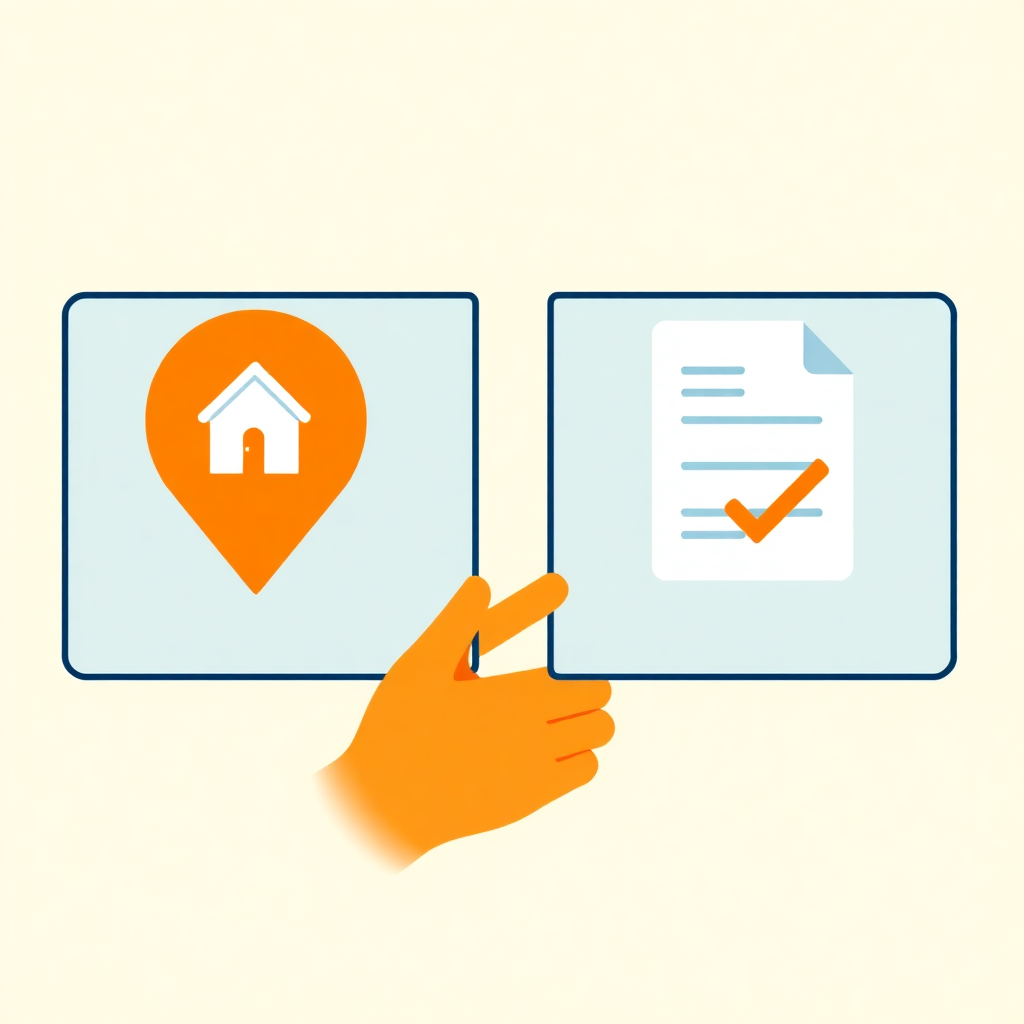 split screen comparison illustration showing physical vs digital verification concept, left side shows location pin with house icon, right side shows digital document with checkmark, modern flat design, orange and cream color scheme, clean professional style, no people