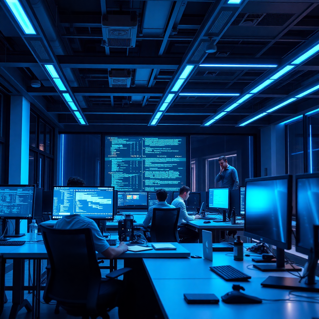 modern tech office workspace with developers coding, futuristic blue lighting, professional corporate environment