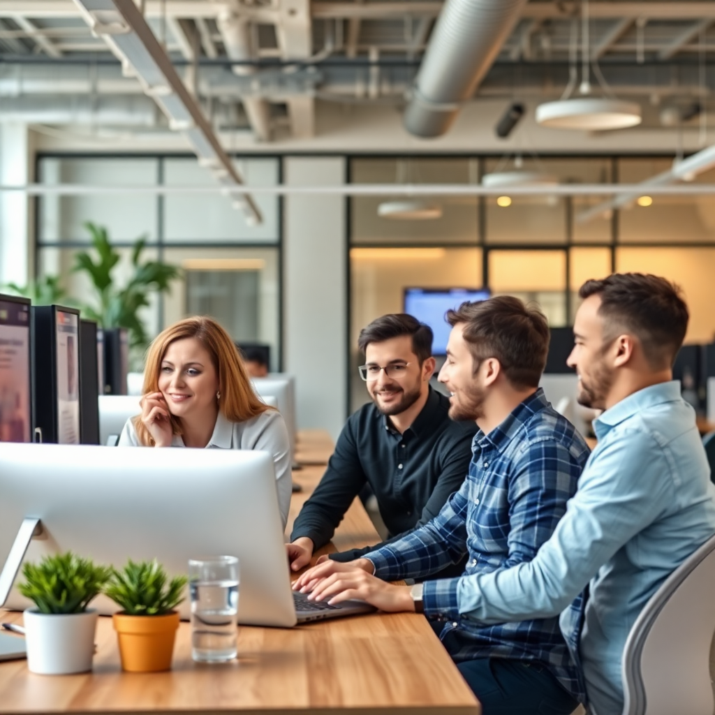 modern tech office workspace with employees collaborating