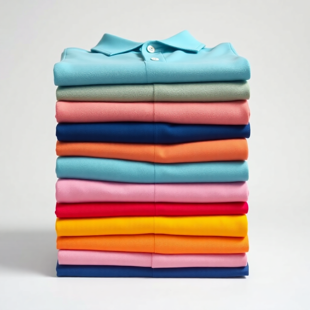 stack of high quality folded polo shirts in various colors with embroidery detail, studio shot