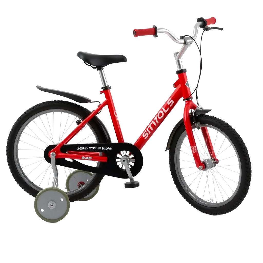 red kids bicycle with training wheels on white background, product photo