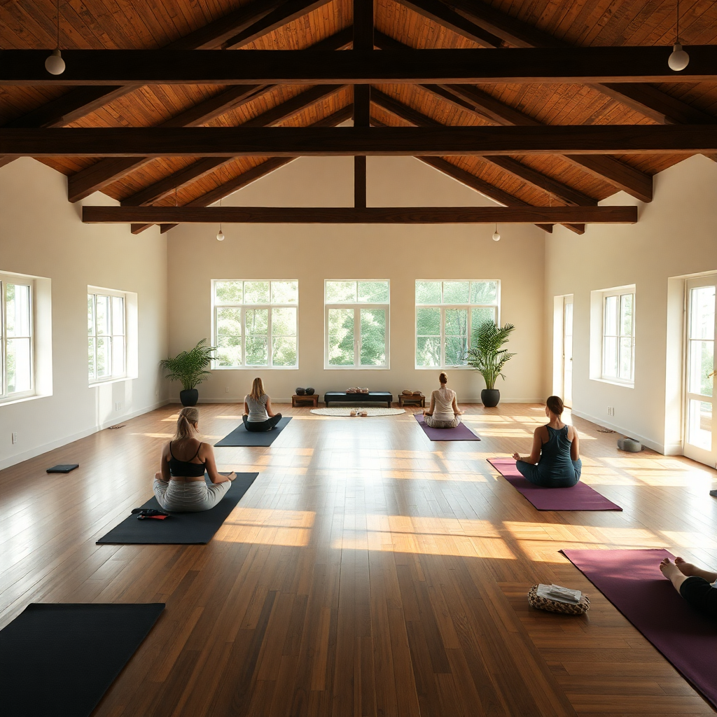peaceful yoga and meditation room with students practicing, calm atmosphere, natural lighting