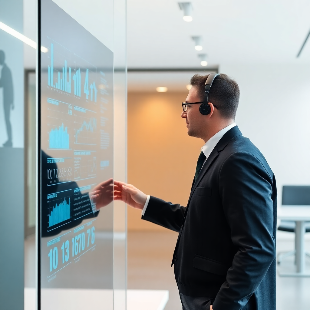 a security guard reviewing data on a transparent digital screen in a modern office, minimalist and clean aesthetic