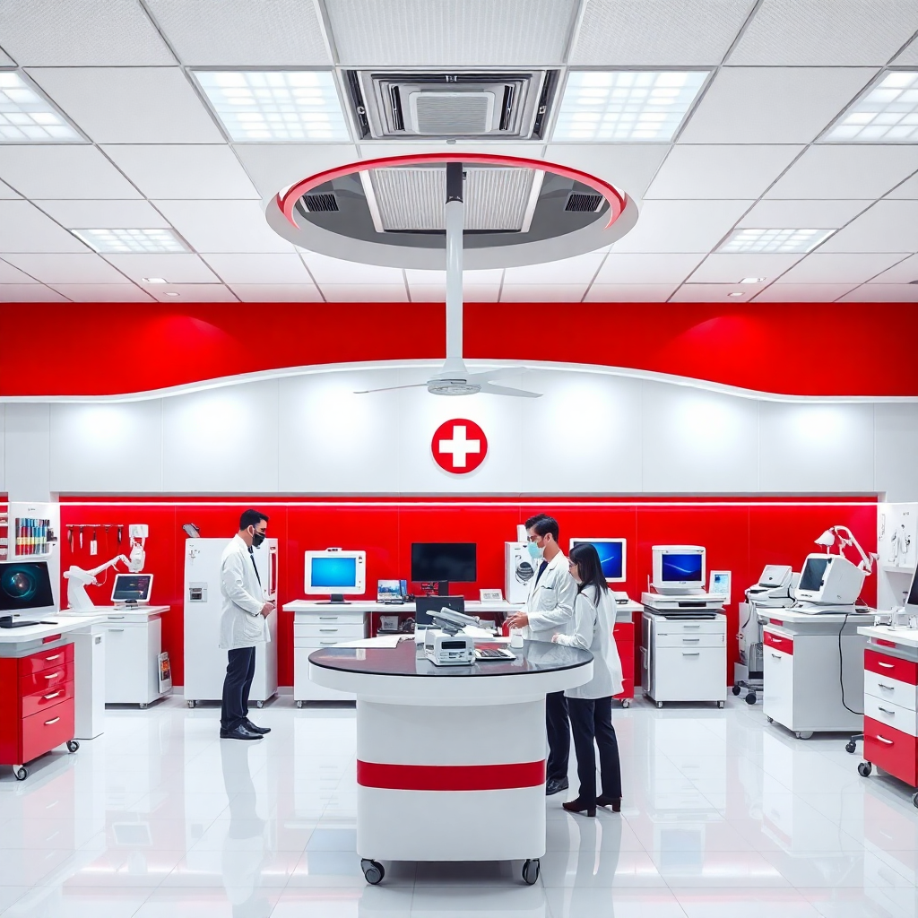 medical equipment store showroom with white and red theme, professional staff in white coats, modern medical devices on display, photorealistic