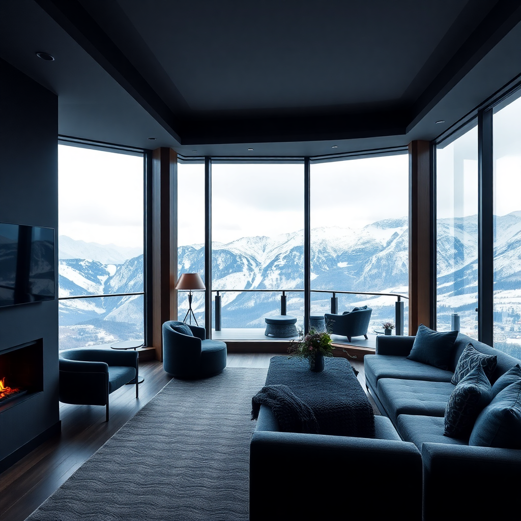grand suite Sport Hotel Hermitage Soldeu Andorra luxury penthouse alpine suite panoramic Grandvalira mountain view premium interior design fireplace private terrace editorial photography dark cinematic