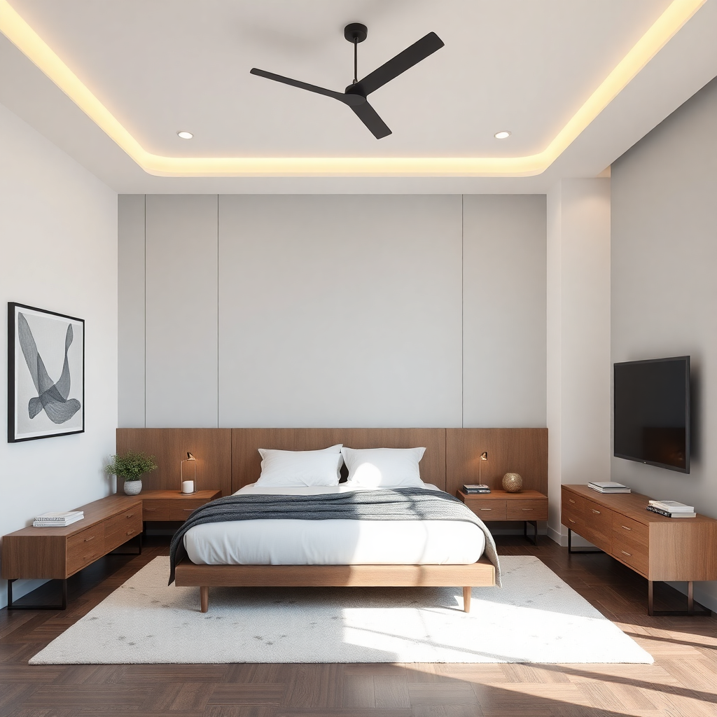 modern bedroom with king size bed, minimal design