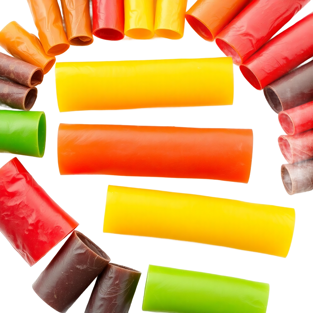 Vibrant composition of colorful fruit leather rolls arranged beautifully, high quality product photography, isolated on transparent background